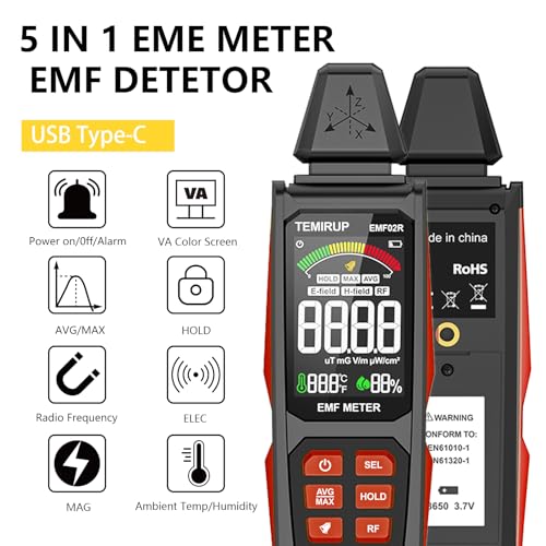 Image of EMF Detector, TEMIRUP 5 in 1 Handheld EMF Meter Radiation Detector, Detects EF, RF, MF, WiFi Signal,Temperature, Humidity, Rechargeable EMF Reader with Large Color LCD for Home, Office, Ghost Hunting