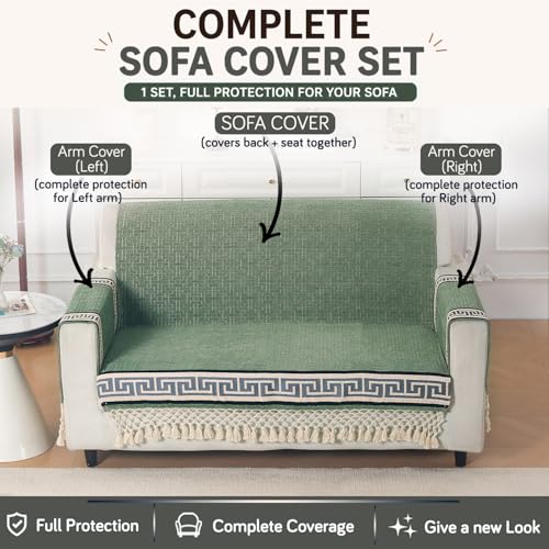Image of HOKIPO 'Imperial Tassel Series' Premium Chenille Jacquard Sofa Cover Set for 2 Seater for Seat, Back & Arms with Tassels, Sage Green (IN-1010 + IN-1012-I8*2)
