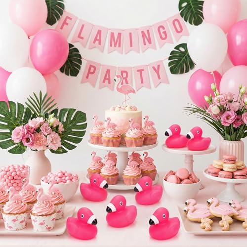 Image of Goaste 50 Pieces Flamingo Rubber Ducks Bulk, Pink Flamingo Bath Toys, Cute Floating Squeaky Bathtub Ducks for Baby Shower, Birthday Party, Cake Decoration, Classroom Prizes