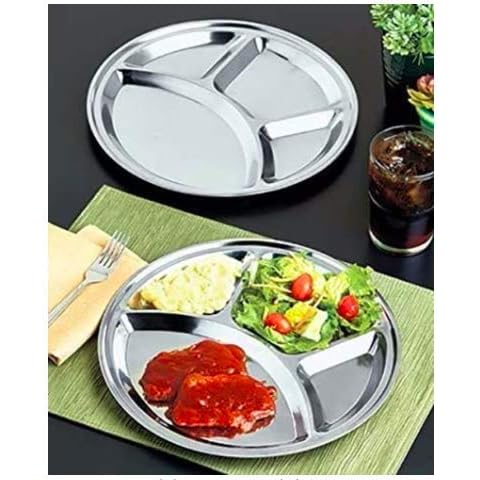 RSK Goods Stainless Steel 4 Compartment Dinner Plate, Serving Platter, Restaurant Mess Tray Great for Camping, picnics, School, Indoor or Outdoor use Set of 2 pcs- 33 cm Each Cover