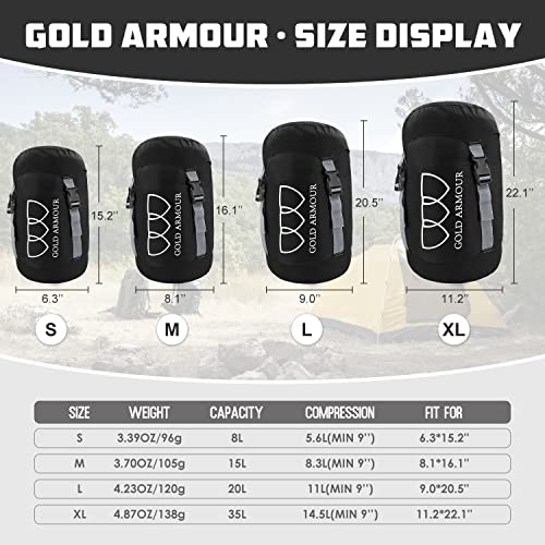 Gold Armour Nylon Compression Stuff Sack, 8L/15L/20L/35L Lightweight Sleeping Bag Compression Sack Great - Space Saving Gear For Travel, Camping, Backpacking (Black, Small) #TOP2