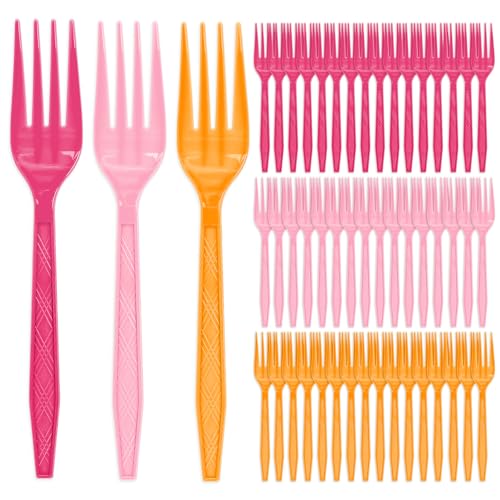 FYSUIMU 60Pcs Colored Plastic Forks Hot Pink Light Pink Orange Disposable Forks for Birthday Baby Shower Bachelorette Party Decorations