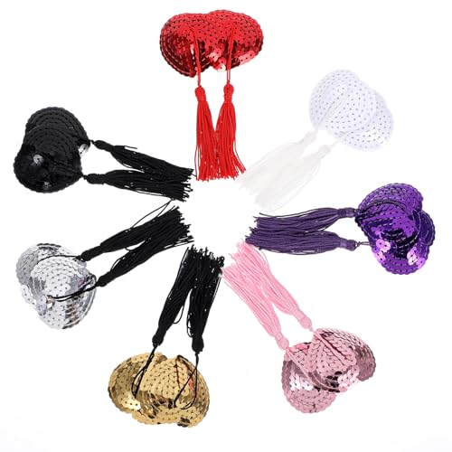 7 Pairs Women Reusable Breast Pasties Nipple Tassels Women Nipple Pasties Sexy Boobie Tassels Silicone Nipple Covers Reusable Heart-Shaped Breast Pasties Bra with Sequins Tassel Pasties Nipple Covers