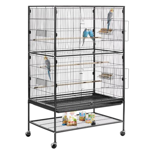 VEVOR Bird Cage, 31.5 x 20.5 x 52 inch, Flat Top, Wrought Iron Bird Flight Cage with Perches, Slide-Out Tray and Plastic Feeders, Casters, for Parrot, Blue Tit, Cockatiel, Canary, and Monk Parakeet