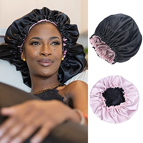 Adjustable Satin Bonnet For Curly Hair Bonnets For Sleeping satin ,Double Layer Reversible Woman Kids Satin Bonnet For Braids Long Curly Hair Satin Hair Bonnet For Sleeping(Black/Pink,1 Piece)