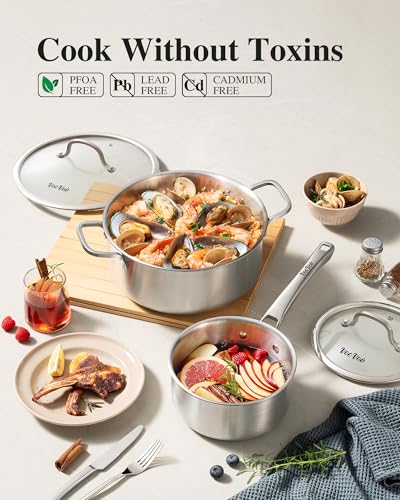 Image of Stainless Steel Cookware Set,Tir-Ply Pots and Pans Set,13 Pcs Stainless Steel Induction Kitchen Cookware Sets,PFOA Free, Frying Pans, Butter warmer,Saute Pan & Stock Pot,Compatible with All Cooktops