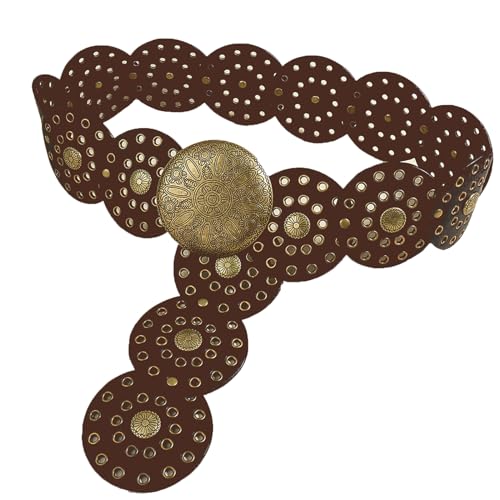 Women Wide Disc Belt Vintage Aesthetic Western Cowboy Boho Concho Leather Belt with Metal Buckle