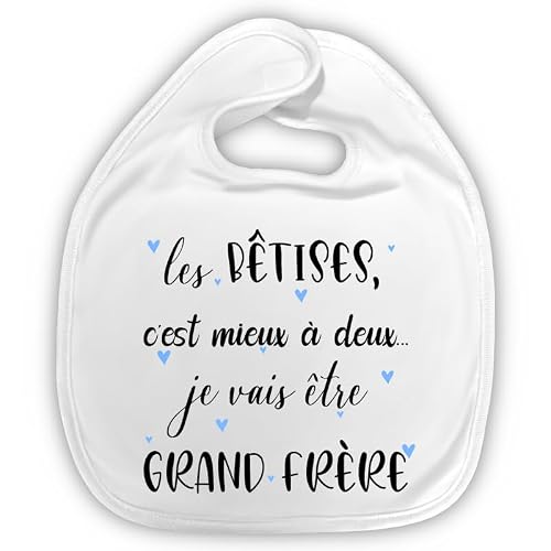 Générique Bavoir bébé annonce grossesse « Je vais être grand frère » – Annonce originale future fratrie – Bavoir doux 0-3 ans – Bordure bleu rose ou blanc (Grand frère)