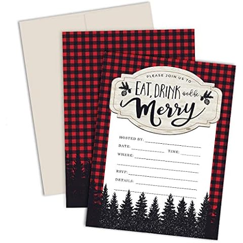 "Eat, Drink & Be Merry!" Christmas Party Invitations (12 Premium Fill-In-Your-Own Holiday Party Invites with Envelopes) - Woodland, Plaid & Lumberjack Theme Party Invitation - Made in the USA Cover