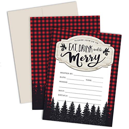 Palmer Street Press Christmas Party Invitations - Eat, Drink & Be Merry! (Set of 12 Premium Christmas Party Invitations With Envelopes) - Woodland, Plaid & Lumberjack Theme Christmas Invitations