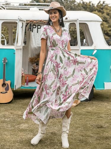 Image of SGF11 Floral Summer Dresses for Women 2026 Design Boho V Neck Short Sleeve Slit Maxi Dress Wear Casual
