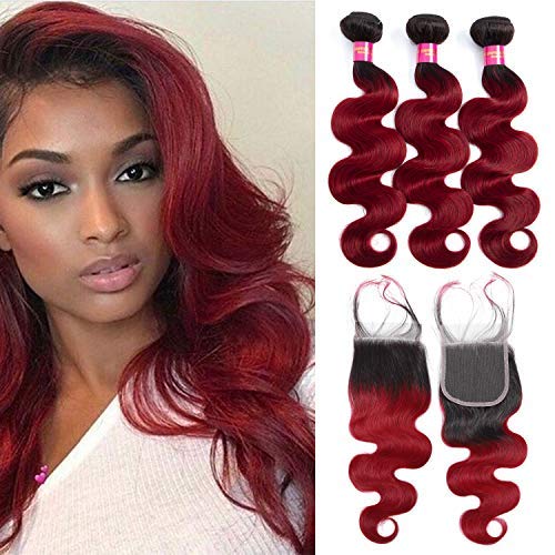 8A Grade Ombre Hair Bundles with Closure Brazilian Virgin Human Hair Weaves with 4x4 Lace Closure Color Body Wave Hair Extensions (10 12 14+12 Closure,#1b/burg)