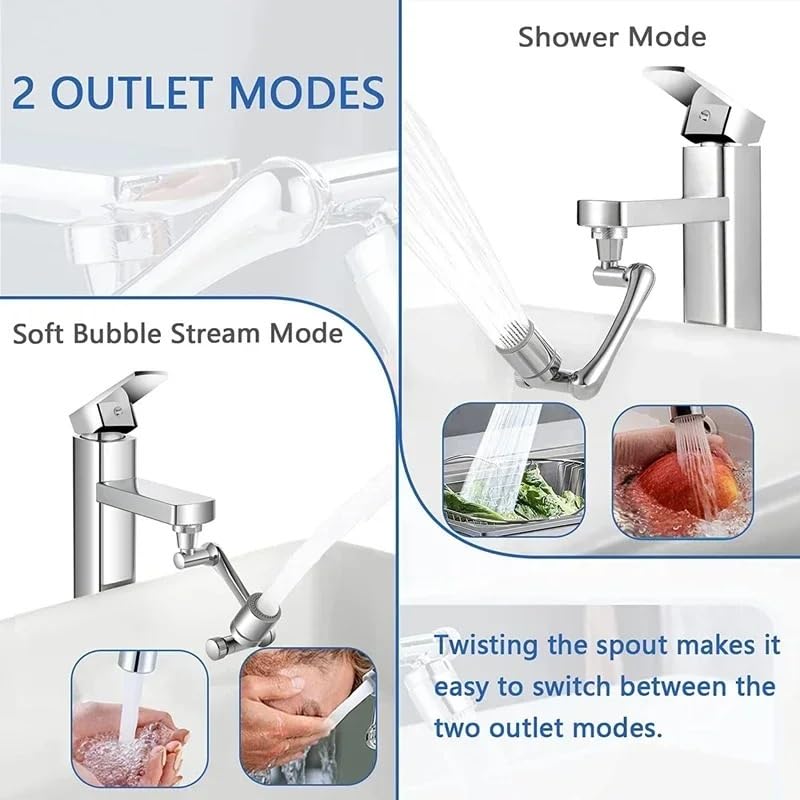 Robinet d'extension rotatif multifonctionnel à 1080° - Pulvérisateur à double effluent - Bras de robot aérateur mousseur pour évier de cuisine et salle de bain (mode unique 1080)