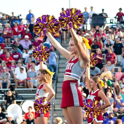 4Pcs Metallic Cheerleading Pom Poms, Creatiee 2 Pair Cheerleader Cheering Squad Pompoms for School Sports Dance Games Team Spirit Cheer (Purple-Gold) - Thumbnail 6