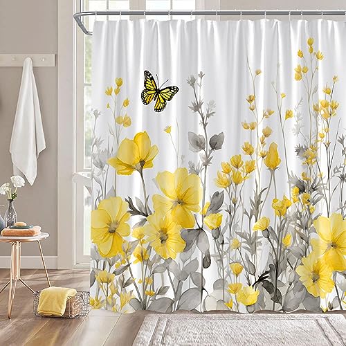 ZNLSU Yellow Flower Shower Curtain Rustic Farmhouse Watercolor Yellow Floral Butterfly Gray Leaves Modern Nature Plant Vintage Bathroom Decor Fabric Bathroom Sets with Hooks