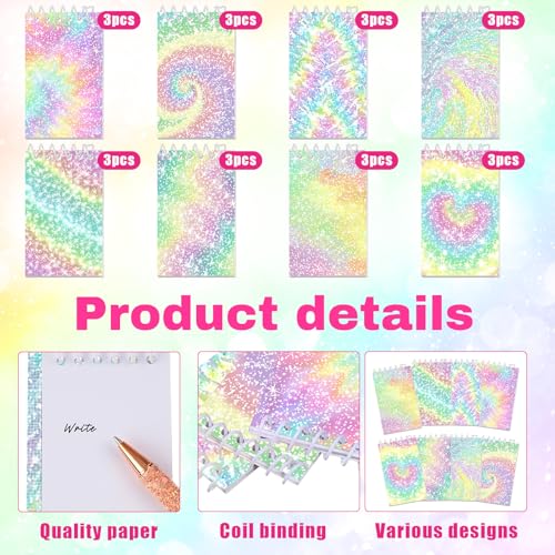 Image of Glenmal 24 Pcs Mini Notepads for Kids Party Favors Mini Tie Dye Note Pads Glitter Colorful Little Pocket Notepads for Girls Gift Classroom Rewards 20 Pages Each (Bright Colors)