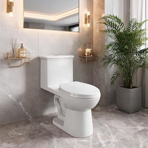 Inodoro de una pieza IDEALHOUSE HDC6391HE, altura alta cumpliendo ADA, doble descarga 0.8/1.28 GPF, asiento suave PP, entrada de 12 pulgadas, cerámica blanca miniatura 1