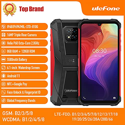 Ulefone Unlocked Rugged Smartphone,Android 11 8Gb+128Gb Octa-Core Waterproof Cell Phone,16Mp Triple Rear Camera,6.1" Display 5580Mah, Dual Sim 4G,Ip68 Nfc Fingerprint Armor 8 Pro Mobile Phone-Red #TOP1