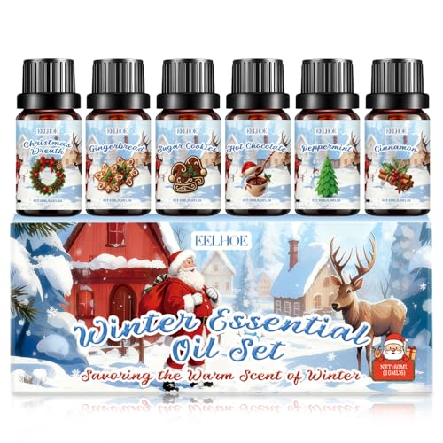 Juego de aceites esenciales de invierno, 6 x 10 ml, aceites esenciales de aromaterapia, aceites esenciales para difusor, corona de Navidad, pan de jengibre, galletas de azúcar, menta, canela