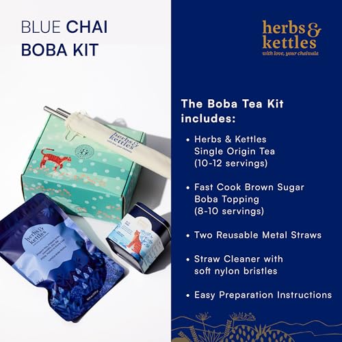 Image of Herbs & Kettles Blue Chai Boba Kit | Butterfly Pea Flower Chai with Ginger, Cardamom, Cloves & Cinnamon + Chewy Tapioca Pearls | Complete DIY Caffeine-Free Bubble Tea Kit with Reusable Straws |