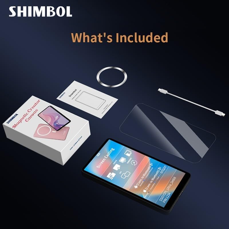 Contents of the Shimbol CP5 Ultra package including the monitor, magnetic ring, charging cable, and screen protector.