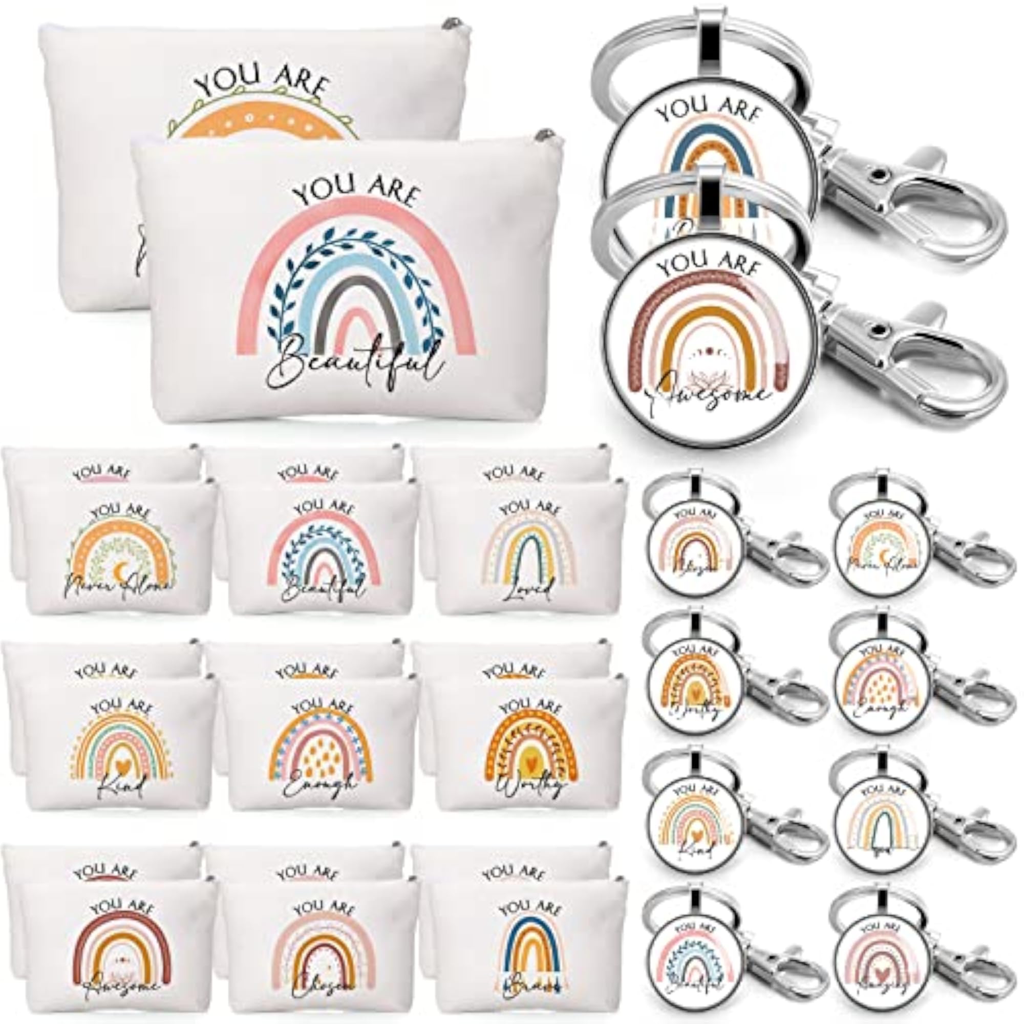 40 Pcs Inspirational Rainbow Cosmetic Bags & Keychains Set