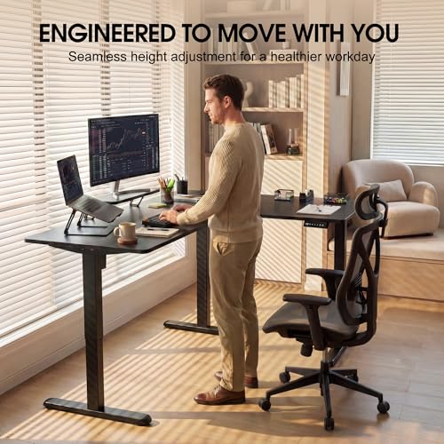 Image of Furmax 63 x 47 Inch L Shaped Standing Desk with 2 Preset Heights, Electric Height Adjustable Computer Desk, Corner Sit Stand Desk for Home Office, 2 Hooks & Feet Balance (Black, 63 x 47 Inch)