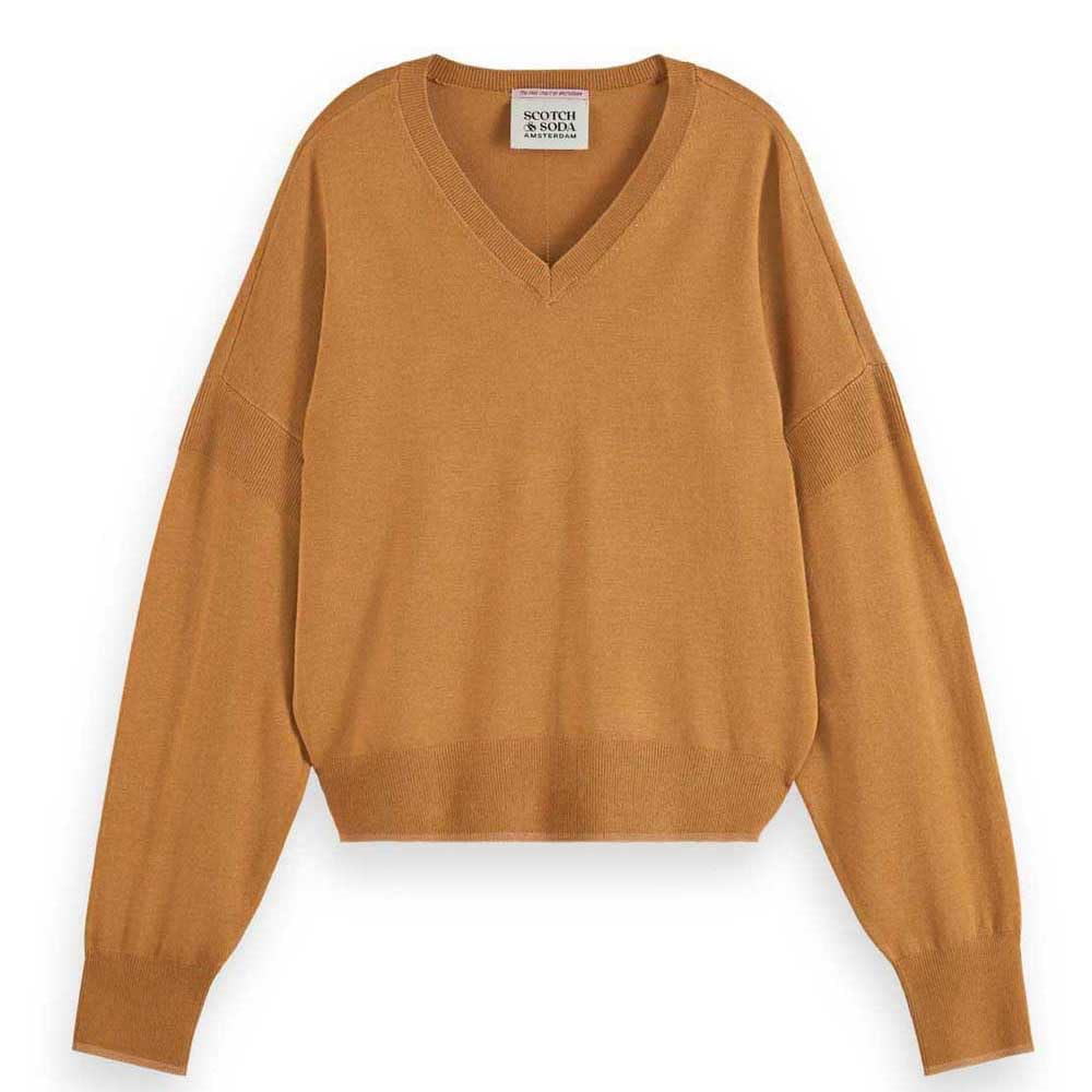 Scotch & Soda Damen Core V-Neck Relaxed Pullover Sweater, Tobacco Melange, XL EU