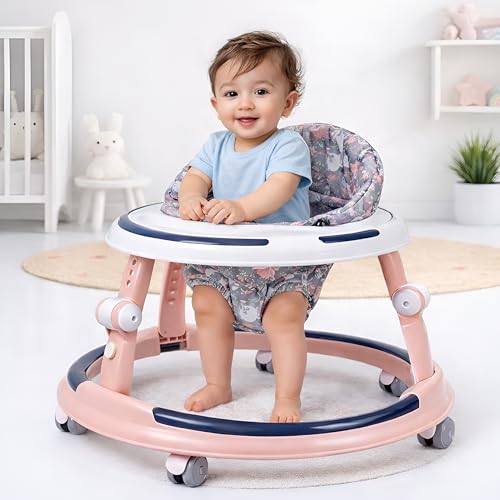 Image of Kidsmate Kiddo Baby Walker for Babies of Ages 6-24 Months | 3 Level Height Adjustable Baby Walkers, Seat Adjustment, 360 Rotating Wheels | Foldable Design & Soft Breathable Cushion Seat - Soft Pink