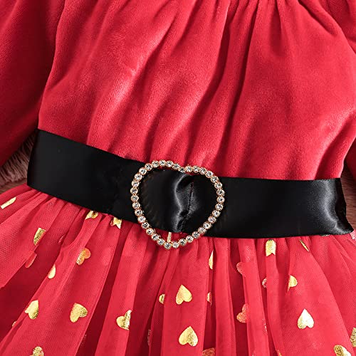 Toddler Baby Girls Valentine's Day Dress Love Heart Print Velvet Long Sleeve Belted Tulle Dress & Headband (Red, 12-18 Months) #TOP3