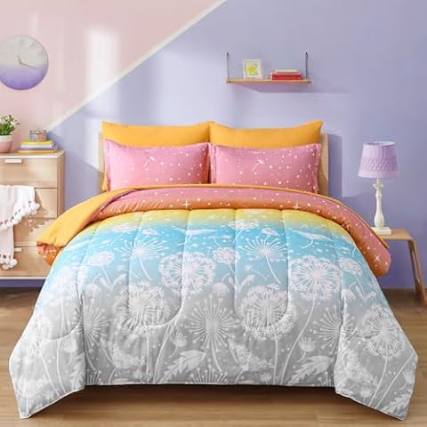 Menghomeus Girls Ombre Rainbow Comforter Set Cover