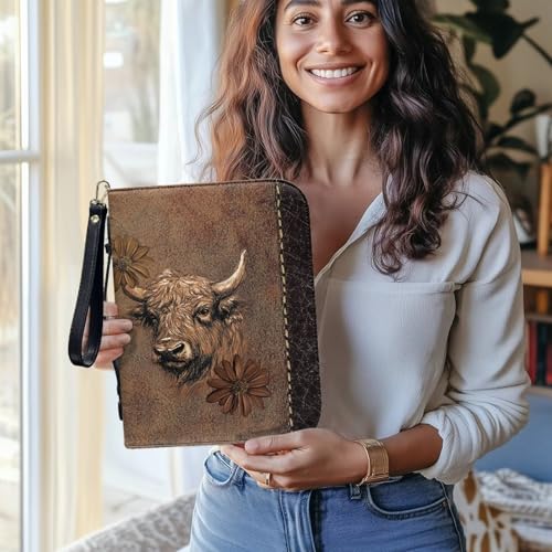 Cow Women Bible Cover for Men, Portable Leather Bible Holder with Handle Pockets Zipper Lightweight Christian Tote Bag for Worship Pilgrimage4