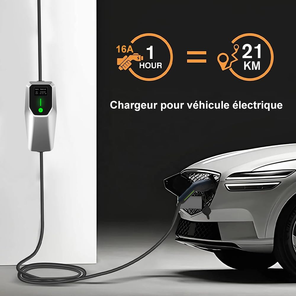 AWESAFE Chargeur Voiture Electrique, Type 2, Mono-phasé 16A, (3.68kW, 5m) Réglable à 6A/8A/10A/13A/16A,Courant Commutable, Boîtier de contrôle argenté, avec Prise Schuko pour Usage Domestique,