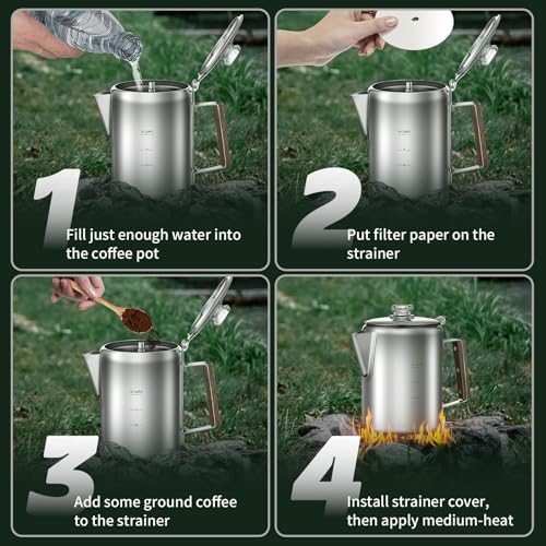 Image of Coffee Percolator with 100pcs Coffee Filters - 9 Cups | Durable Stainless Steel Material Camping Coffee Pot| Brew Coffee On Fire, Grill or Stovetop | Ideal for Home, Camping