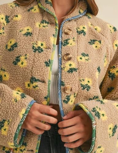 Dqbeng Womens Sherpa Jacket Floral Print Long Sleeve Oversized Casual Coats Teddy Fleece Outerwear with Pockets4
