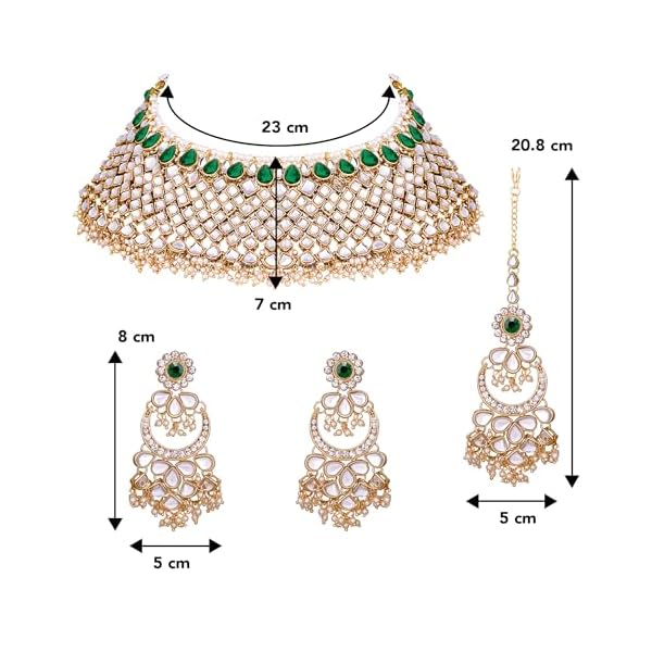 Peora Green Gold Plated Indian Traditional Polki Look Kundan Bridal Necklace Earring Set with Maang Tikka for Women - Image 6