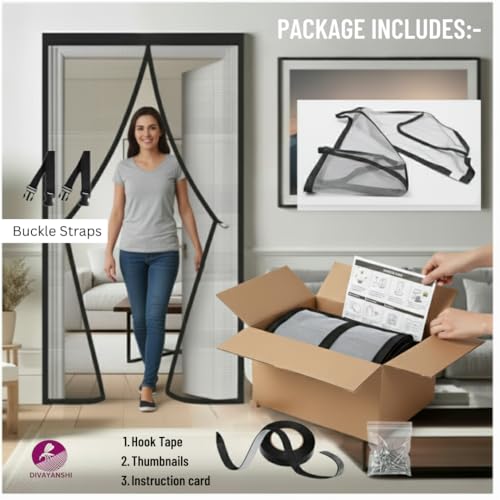 Image of Divayanshi Pro Mosquito Net for Door 100x210 cm | Magnetic Fly Mesh Curtain | Fiberglass Polyester Insect Screen | Auto Closing Hands-Free Mosquito Net with Self Adhesive Hook Tape - Black