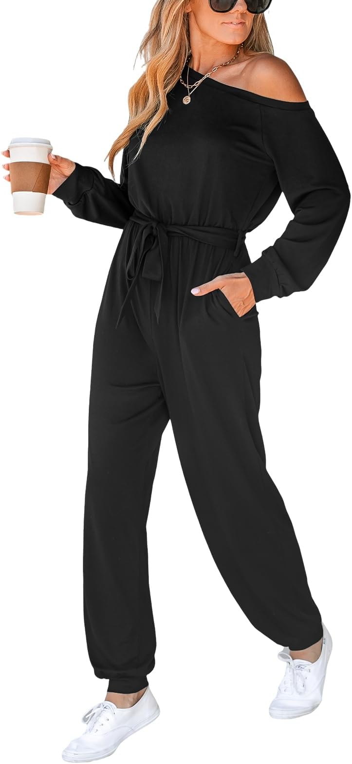 CUPSHEWomen's Jumpsuits Onyx One-Shoulder Belted Jogger Jumpsuit Long Sleeve Outfit Casual Dressy