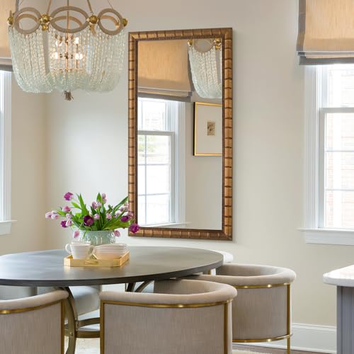 Image of Large Decorative Mirror for Wall, 60'' x 30'' Antiuqe Warm Gold Living Room Mirrors with Bamboo-Joint Frame, Classic Vintage Gold Wooden Mirror, Horizontal /Vertical