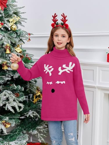 Image of Haloumoning Girls Christmas Sweater Kids Oversized Turtleneck Cute Reindeer Sweaters with Side Slit