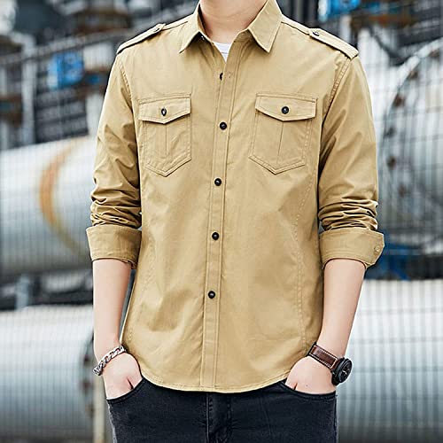JEKE-DG Men's Khaki Shoulder Strap Tactical Long Sleeve Shirt (US Size XL, Asia 3XL)