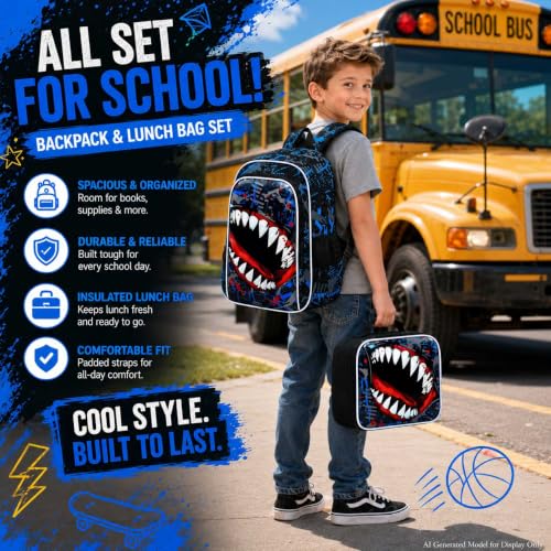 Image of 3Pcs Backpack for Boys, 17 inch Shark Kids Bookbag with Lunch Box, School Backpacks for Elementary Preschool Kindergarten (Blue)
