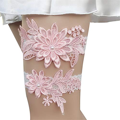 RAILONCH Femmes Jarretière de Mariage élastique Ensemble Accessoires en Dentelle élégant Perle Décoration de Mariage (Rose) Cover