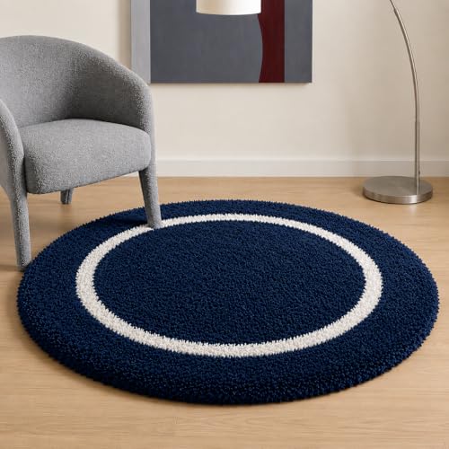 Image of Shaggy Polyester Microfiber Round Rug Carpet for Living Room | Ultra Soft Fluffy Plush Area Rug | Anti-Skid Non-Slip Backing | Washable Carpet for Bedroom- (3x3 feet, Ring Blue, Round)