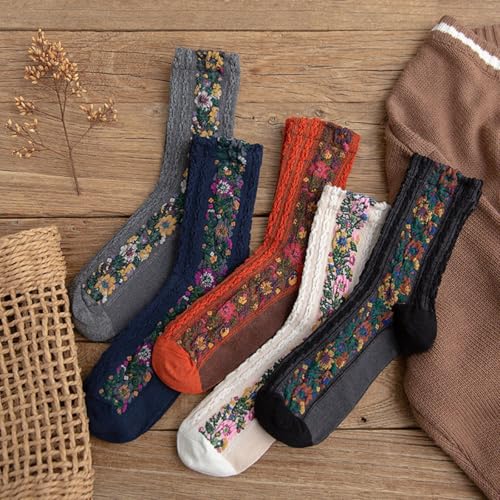 Saturatione Floral Socks, Saturatione Embroidered Floral Socks 5 Pairs, Comfortable Embroidered Florals Crew Sock2