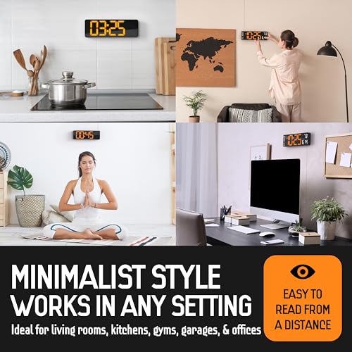 Image of Opis Clock 1 (XL 13'' Orange & White): The Colorful Retro Rectangular Digital Wall Clock, Digital Clock Wall, Digital Clock: Date and Day of Week, Wall Clock with Temperature, Timer and Counter