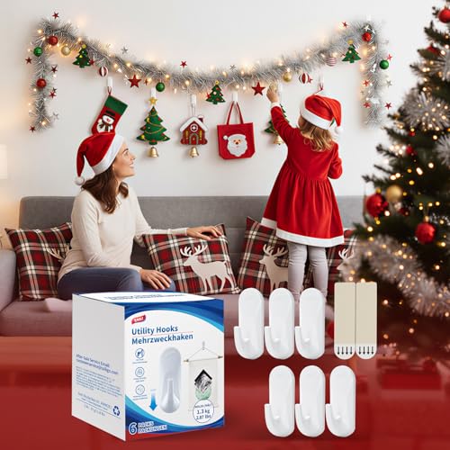Image of TAILI Hooks for Hanging,6 Sticky Hooks & 8 Adhesive Strips Holds up 3 lb | White Utility Hooks for Painted Wall, No Damage Heavy Duty, Removable & Reusable for Door, Dorm, Clothes, Kitchen