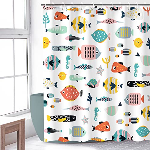 Image of RosieLily Fish Shower Curtain, Kids Bathroom Nautical Set With 12 Hooks, Waterproof Colorful Animal Cartoon Fish Decor, 72 x 84 Inch