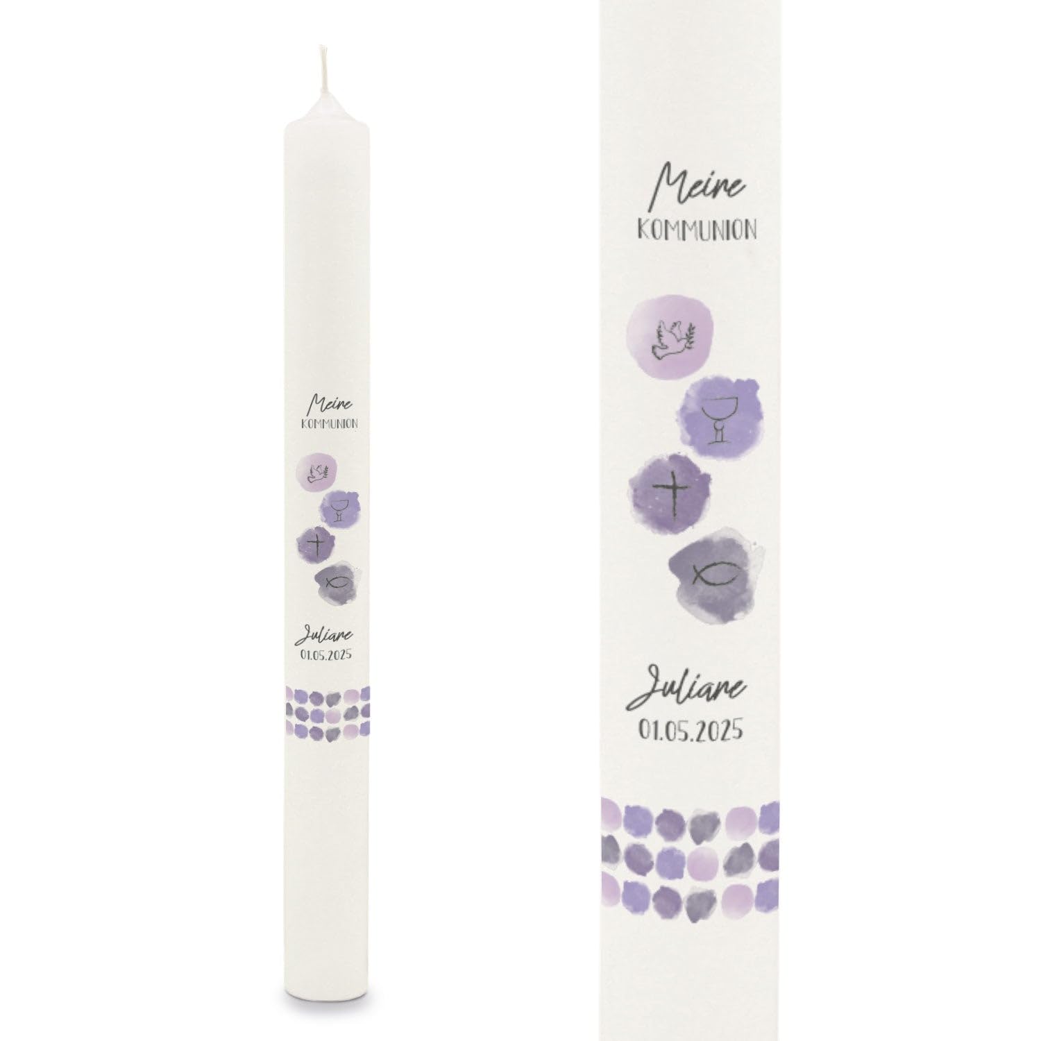 GRAVURZEILE Bedruckte Stabkerze - Watercolor - Personalisiert mit Name & Datum - Geschenk zur Taufe, Kommunion oder Konfirmation - Für Jungen & Mädchen - Altarkerze 400/40 mm - Lila