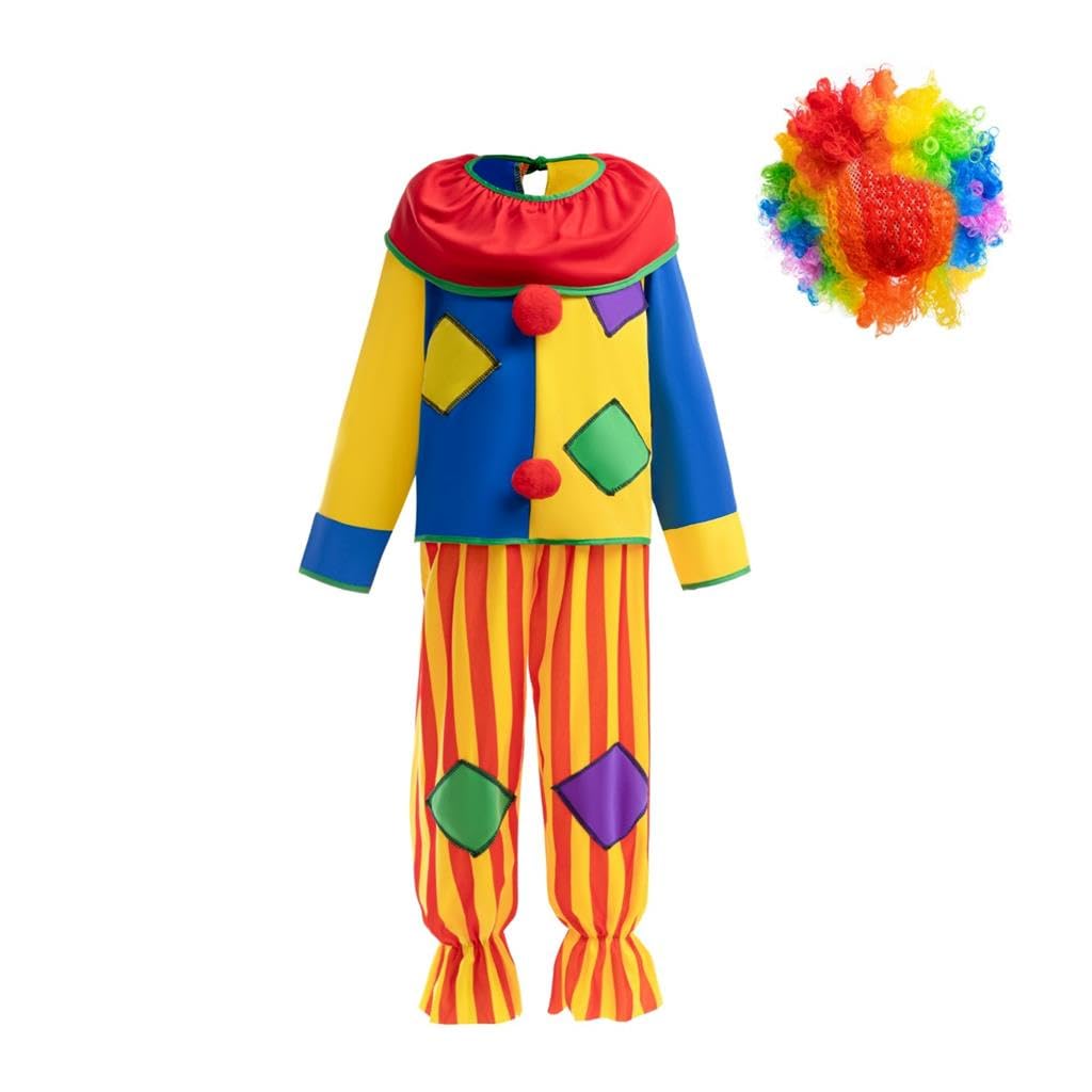 Lito Angels Clown Halloween Costume Fancy Dress Up with Red Rainbow Wig for Kids Boys or Girls Age 7-9 Years (Tag Number 0M)